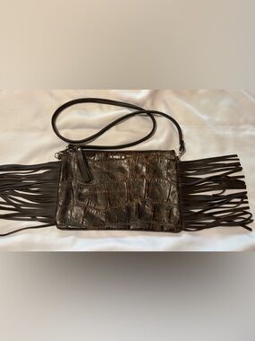 WILD GOOSE-Brown Croc-Embossed Leather Fringe Crossbody